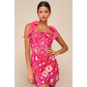 Lulus Emphatically Adorable Hot Pink Floral Tie-strap Mini Dress - Size M